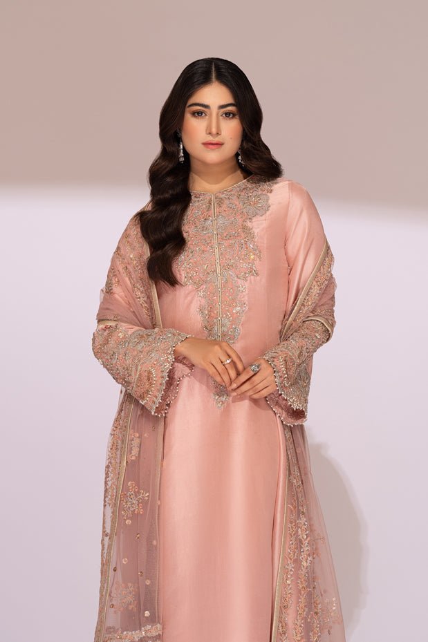Light Pink Embroidered Raw Silk Salwar Kameez (3-Piece) - Image 4