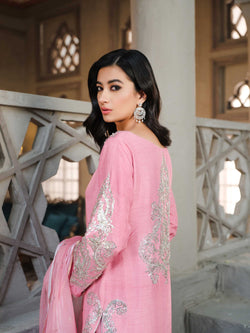 Pakistani Orchid Pink Embellished Raw Silk Salwar Kameez (3-Piece) - Image 1