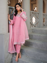 Pakistani Orchid Pink Embellished Raw Silk Salwar Kameez (3-Piece) - Image 3