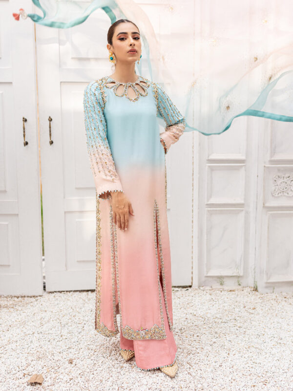 Pakistani Fresh Pink & Sky Blue Embellished Silk Salwar Kameez (3-Piece) - Image 1
