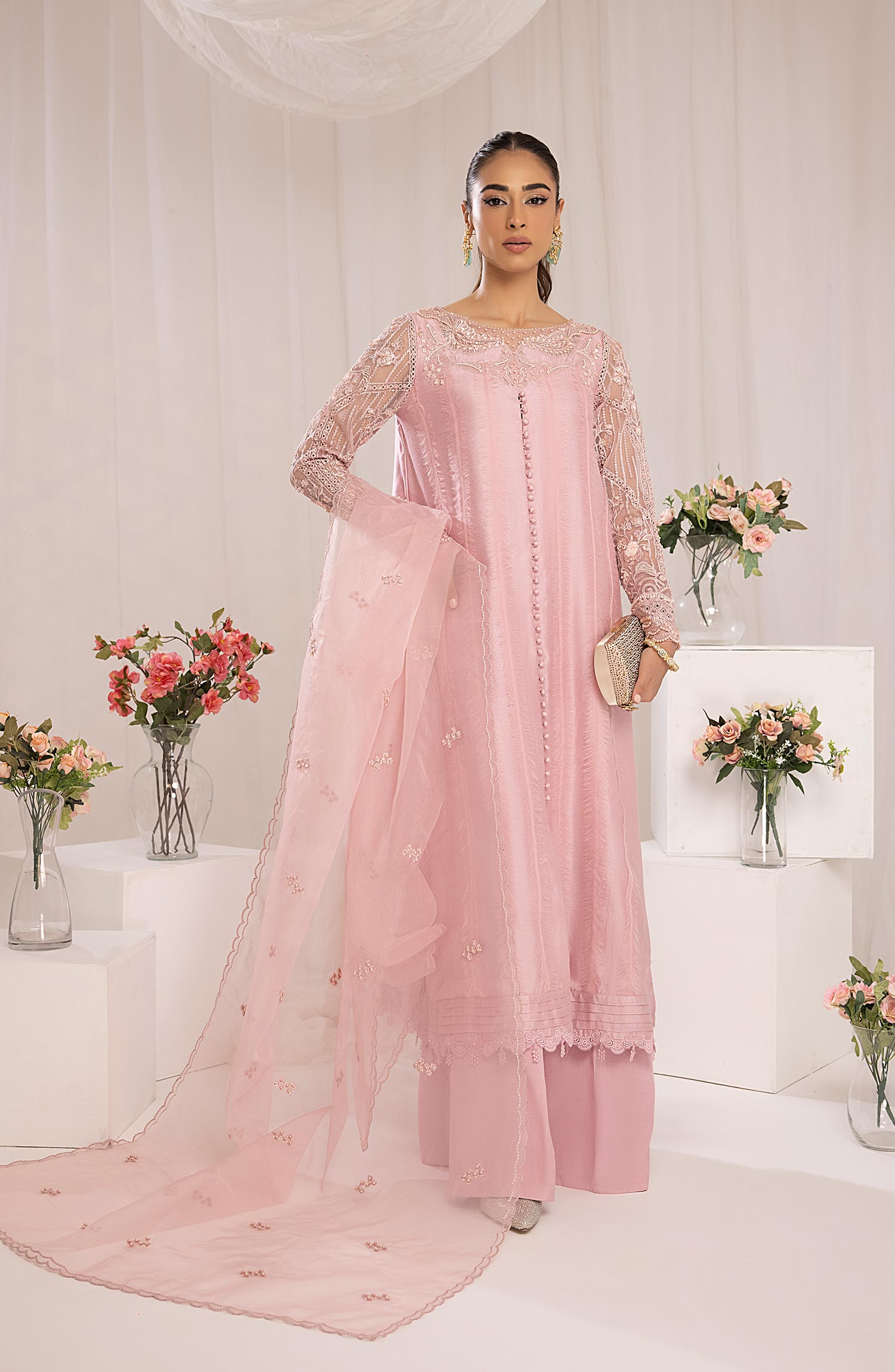 Pakistani Blush Pink Embroidered Raw Silk Salwar Kameez (3-Piece) - Image 1