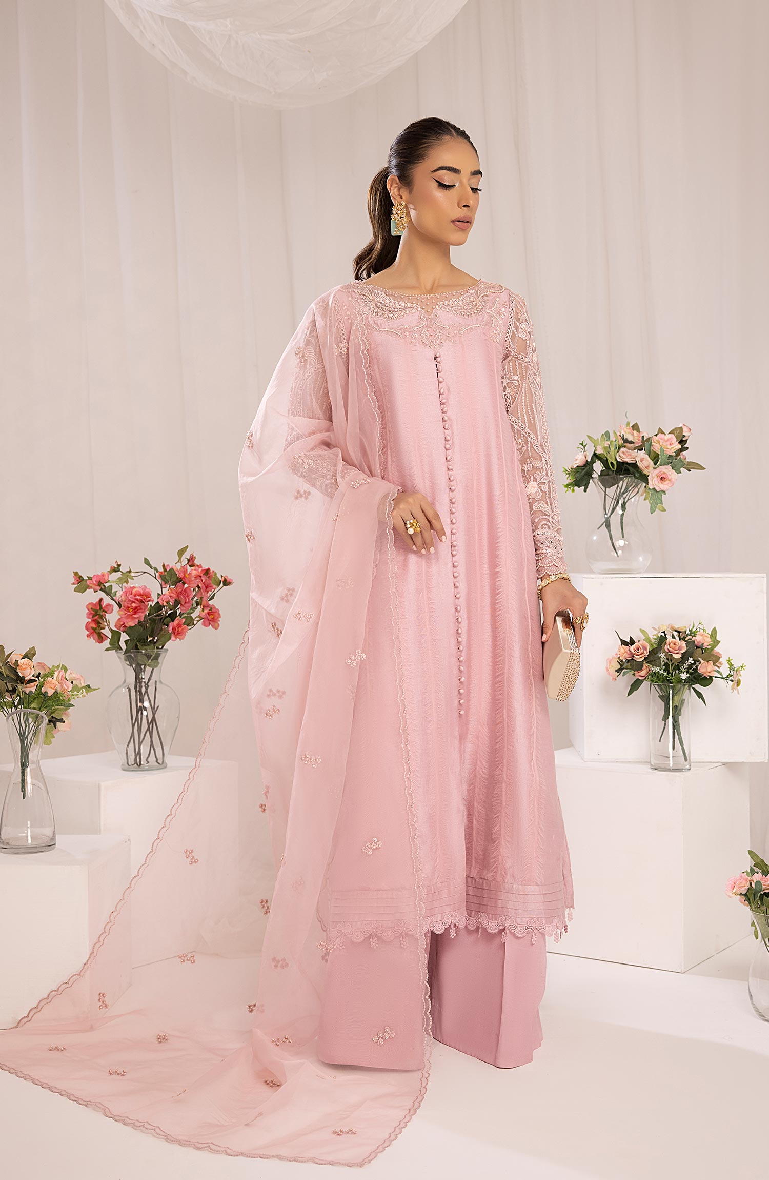 Pakistani Blush Pink Embroidered Raw Silk Salwar Kameez (3-Piece) - Image 2