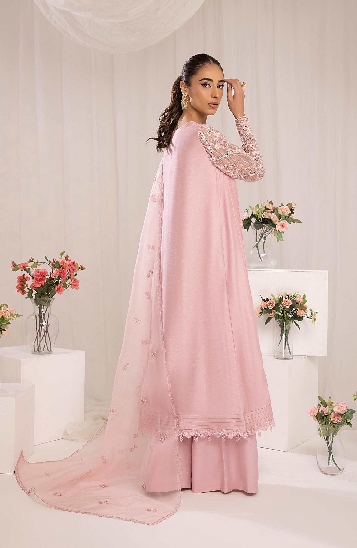 Pakistani Blush Pink Embroidered Raw Silk Salwar Kameez (3-Piece) - Image 4