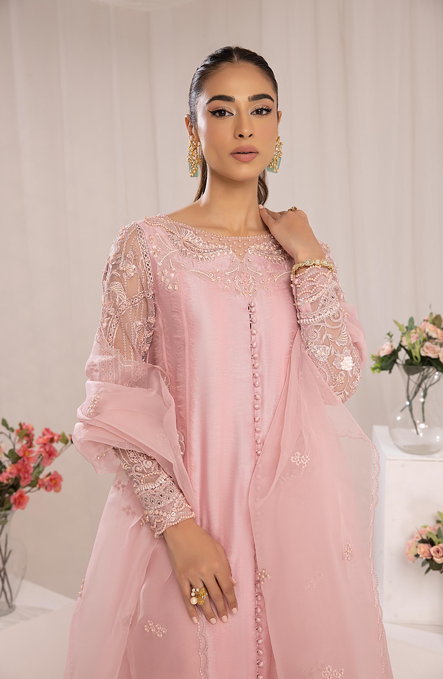 Pakistani Blush Pink Embroidered Raw Silk Salwar Kameez (3-Piece) - Image 5