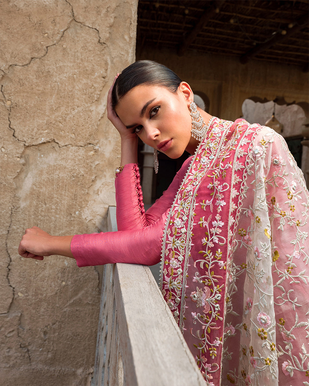 Pakistani Coral Embroidered Korean Raw Silk Salwar Kameez (3-Piece) - Image 4