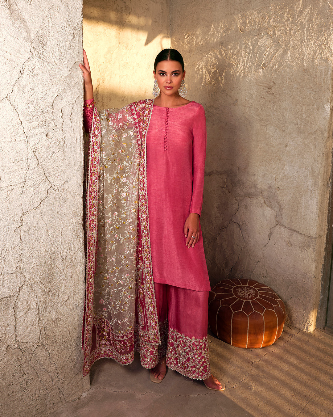 Pakistani Coral Embroidered Korean Raw Silk Salwar Kameez (3-Piece) - Image 2