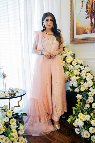 Pakistani Pastel Pink Embellished Raw Silk Salwar Kameez (3-Piece) - Image 2