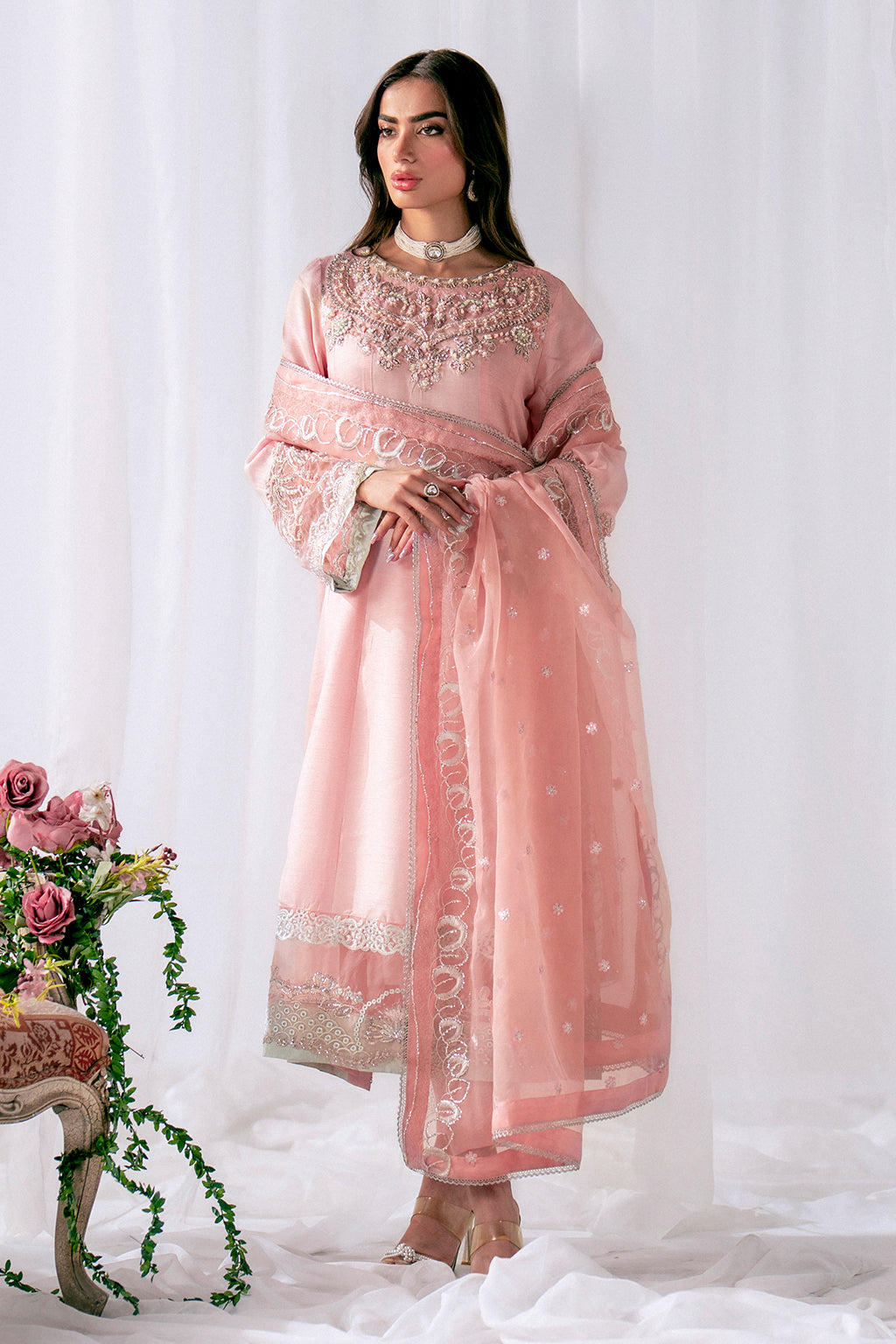 Pakistani Powder Pink Embroidered Korean Raw Silk Salwar Kameez (3-Piece) - Image 1
