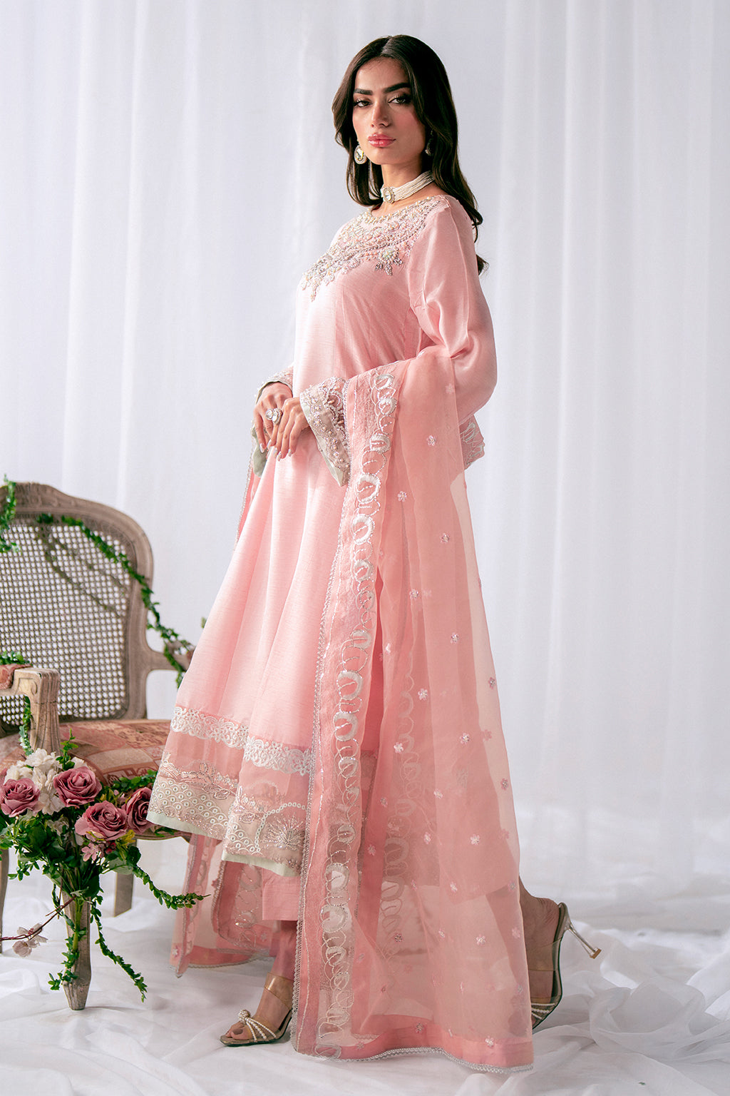 Pakistani Powder Pink Embroidered Korean Raw Silk Salwar Kameez (3-Piece) - Image 10
