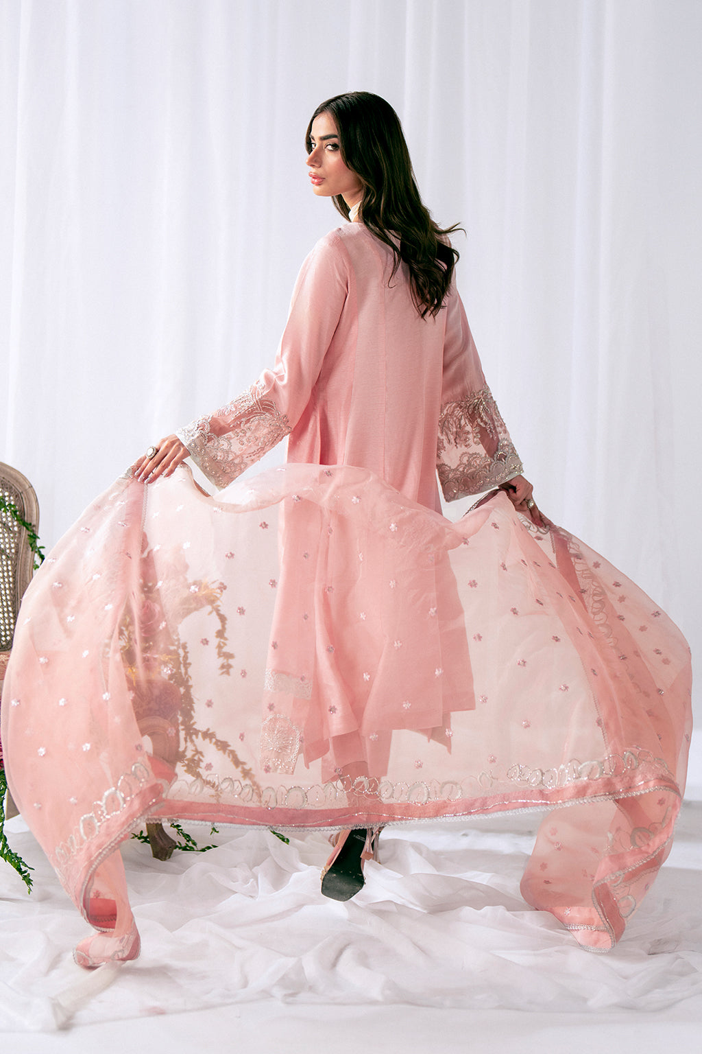 Pakistani Powder Pink Embroidered Korean Raw Silk Salwar Kameez (3-Piece) - Image 2