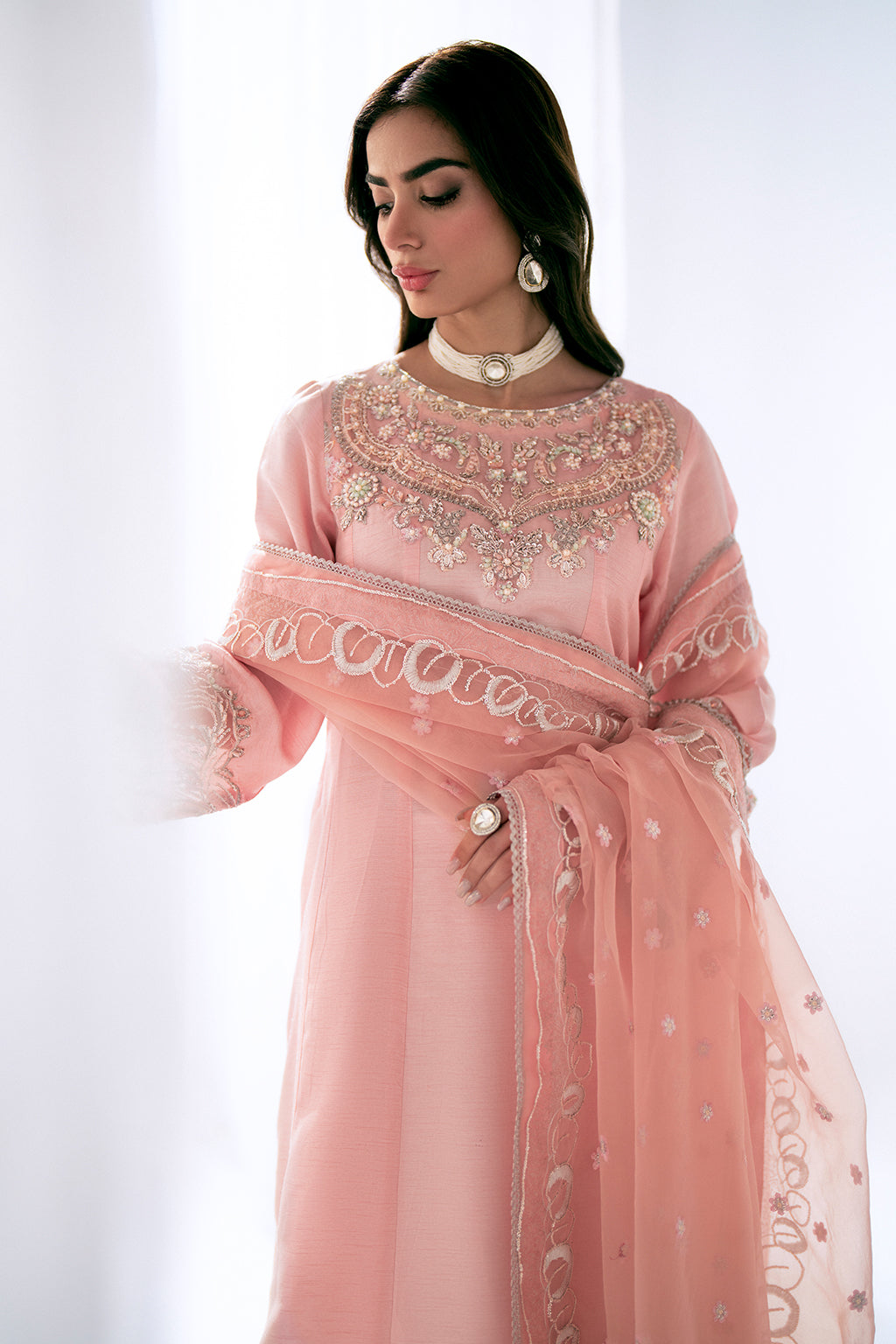 Pakistani Powder Pink Embroidered Korean Raw Silk Salwar Kameez (3-Piece) - Image 3