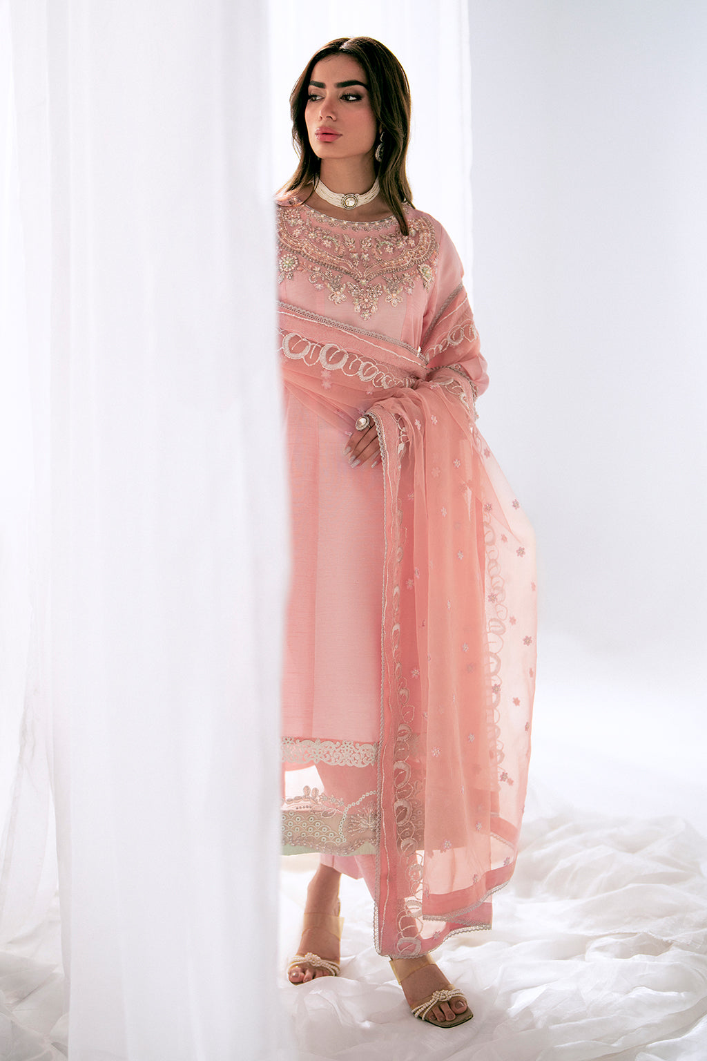 Pakistani Powder Pink Embroidered Korean Raw Silk Salwar Kameez (3-Piece) - Image 4
