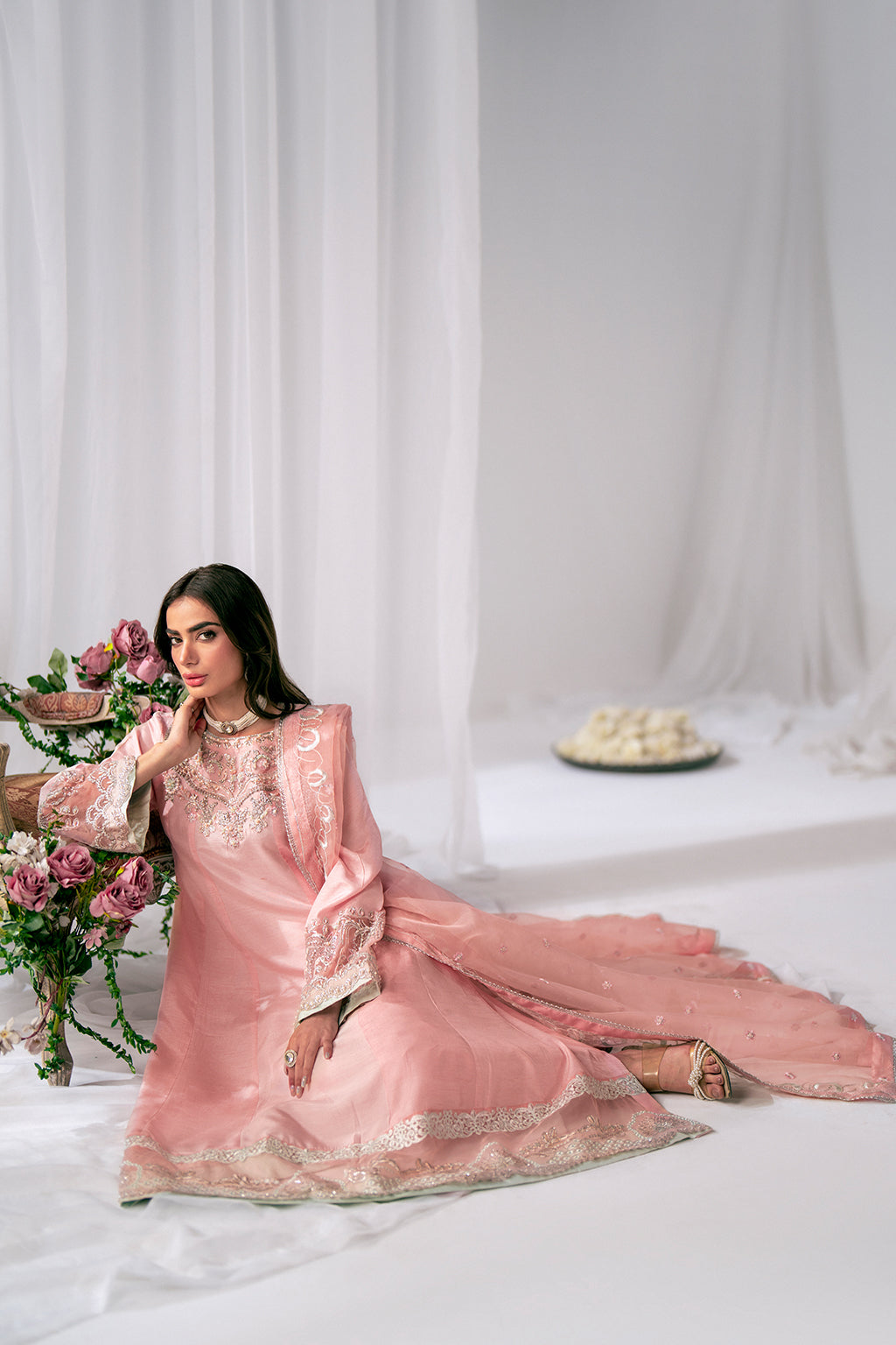 Pakistani Powder Pink Embroidered Korean Raw Silk Salwar Kameez (3-Piece) - Image 5