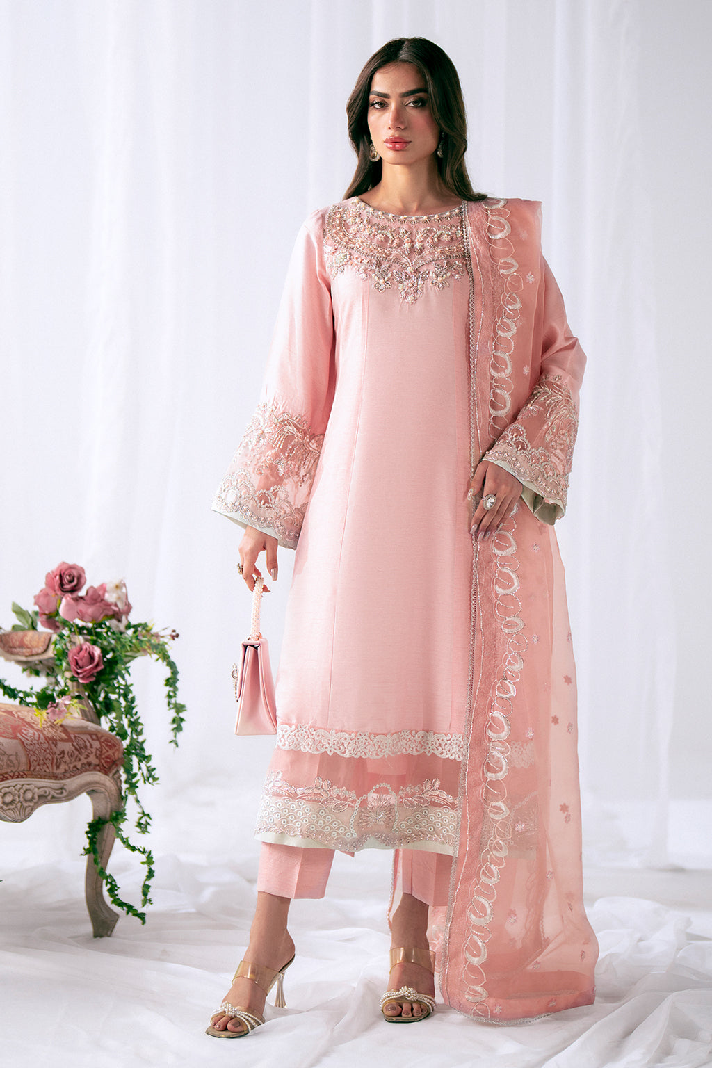 Pakistani Powder Pink Embroidered Korean Raw Silk Salwar Kameez (3-Piece) - Image 7