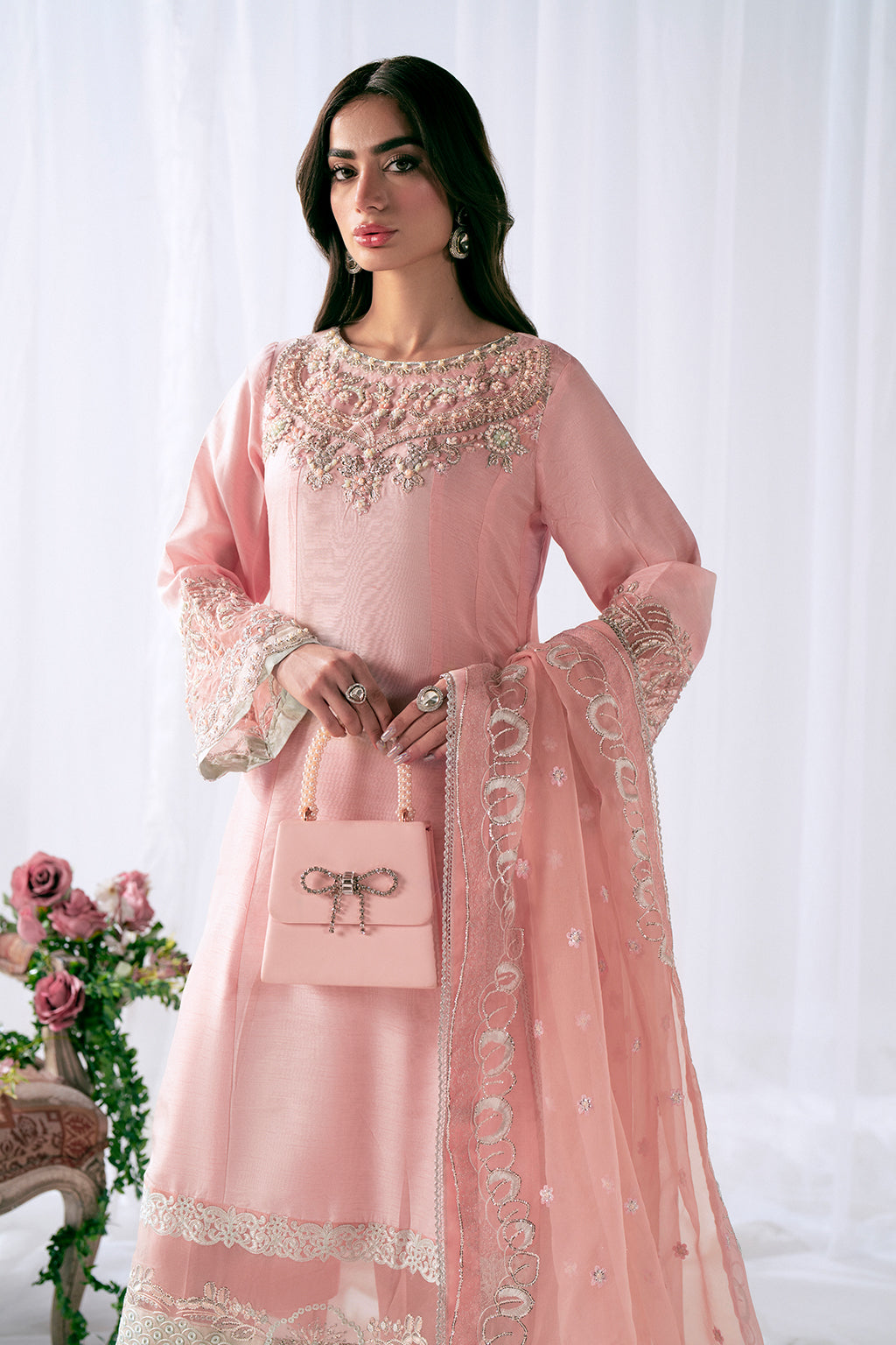 Pakistani Powder Pink Embroidered Korean Raw Silk Salwar Kameez (3-Piece) - Image 8