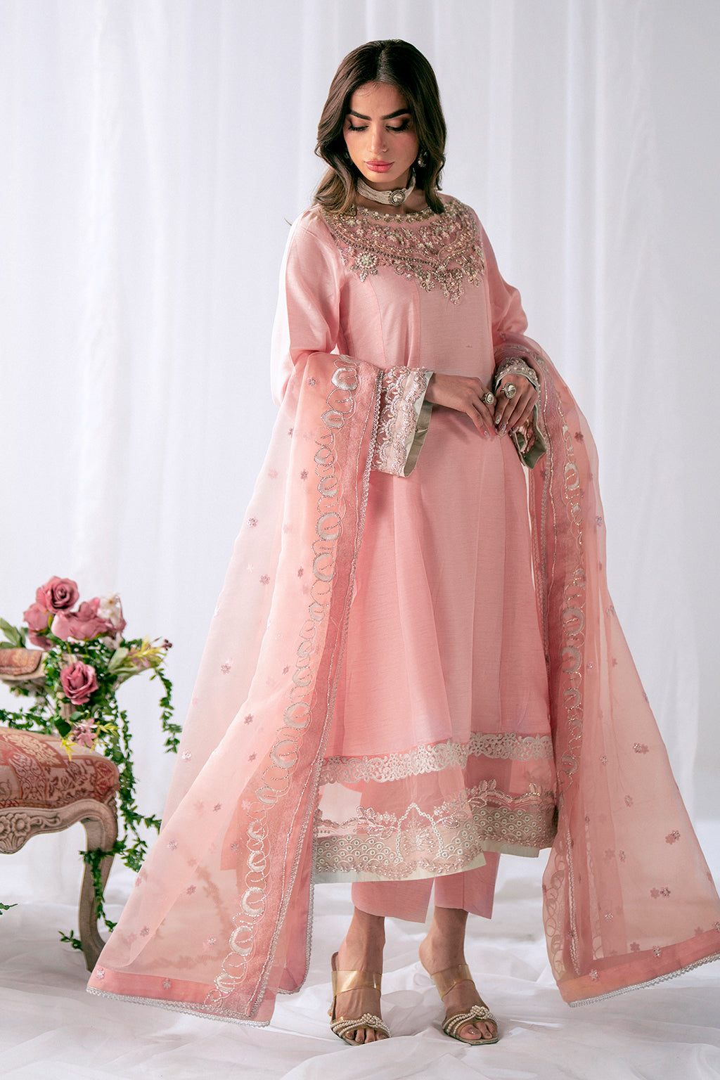 Pakistani Powder Pink Embroidered Korean Raw Silk Salwar Kameez (3-Piece) - Image 9