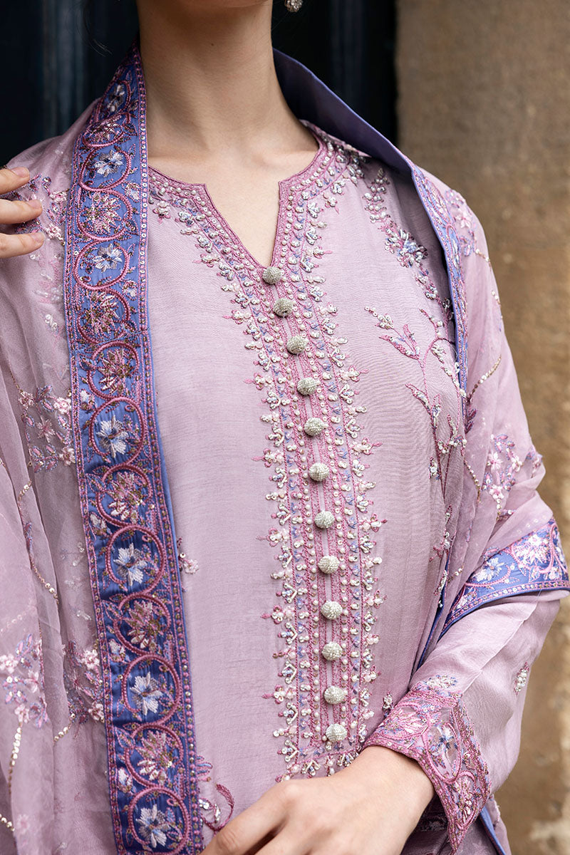 Tea Pink Embroidered Raw Silk Salwar Kameez (3-Piece) - Image 4