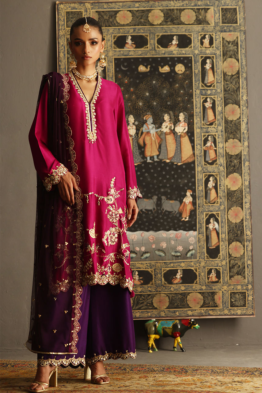 Pakistani Magenta & Purple Embroidered Raw Silk Salwar Kameez (3-Piece) - Image 1