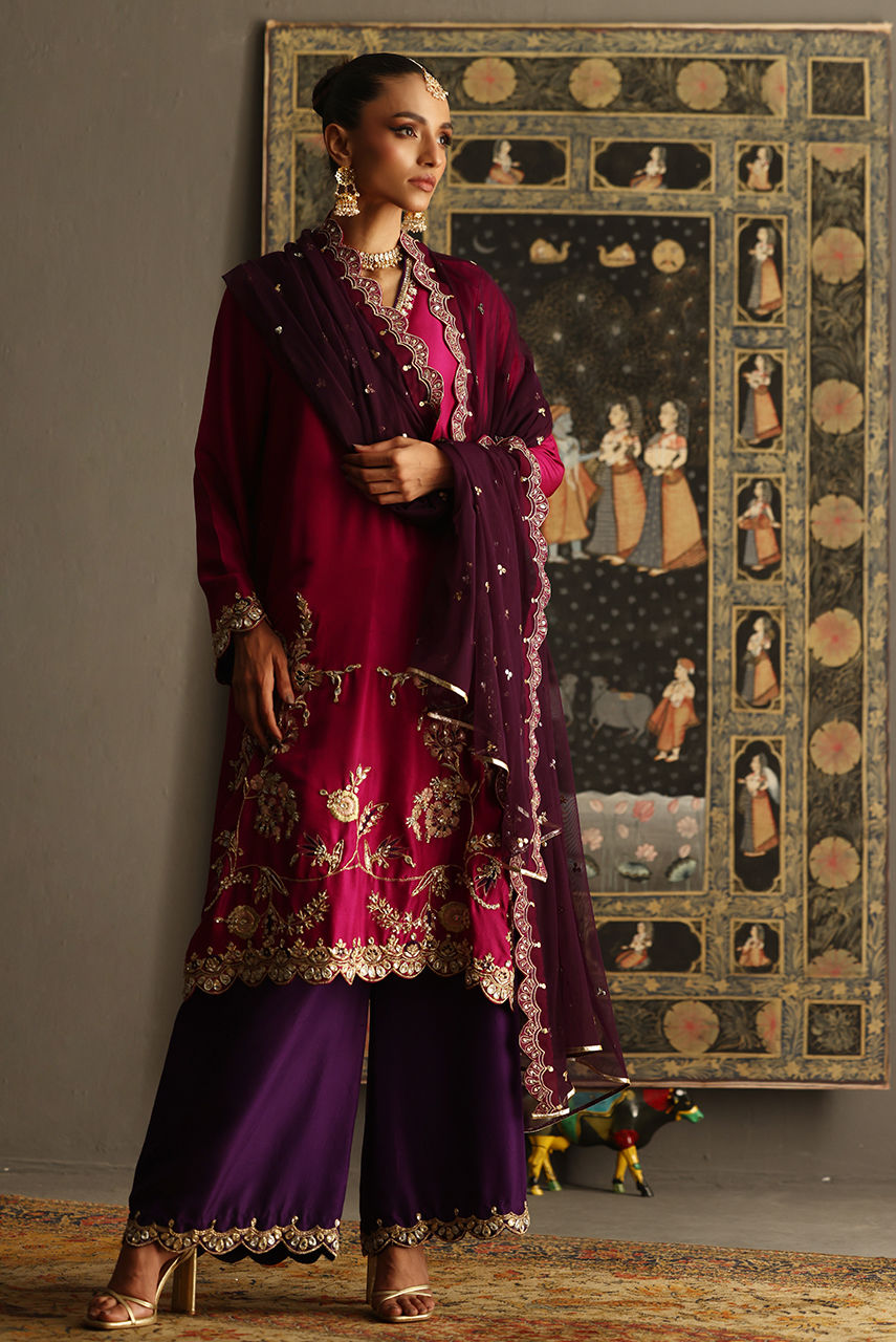 Pakistani Magenta & Purple Embroidered Raw Silk Salwar Kameez (3-Piece) - Image 2