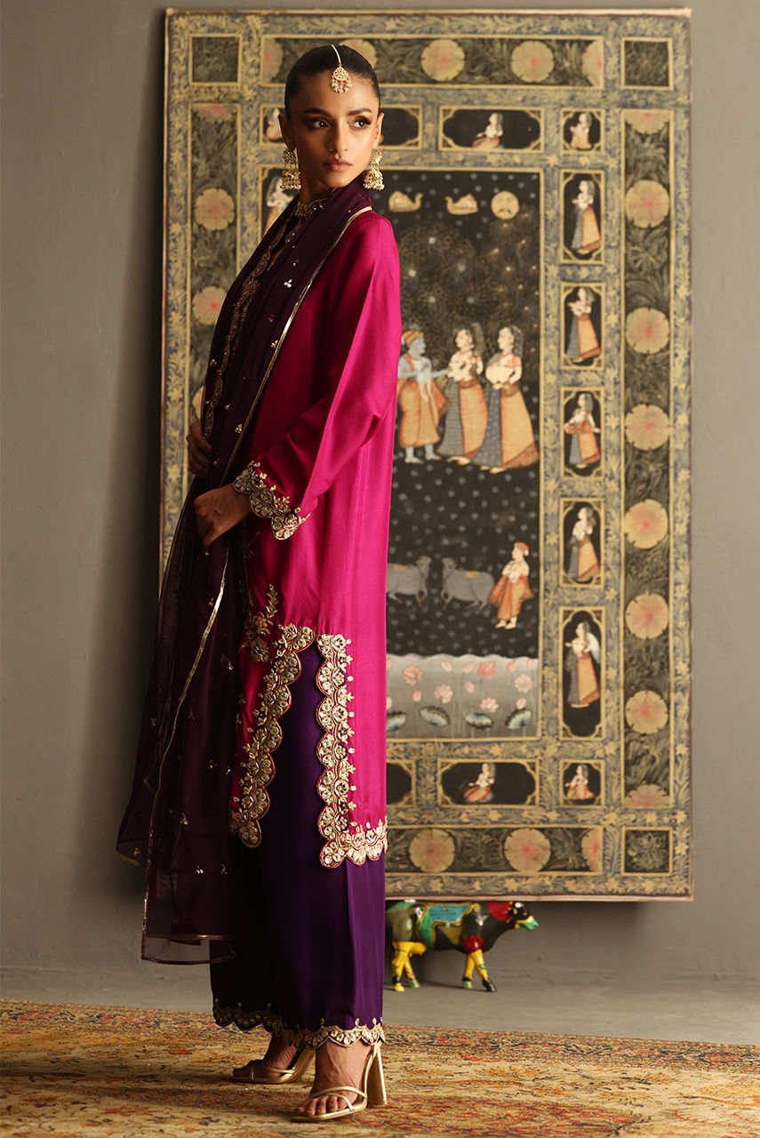 Pakistani Magenta & Purple Embroidered Raw Silk Salwar Kameez (3-Piece) - Image 3