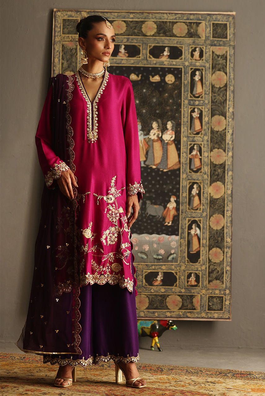 Pakistani Magenta & Purple Embroidered Raw Silk Salwar Kameez (3-Piece) - Image 4