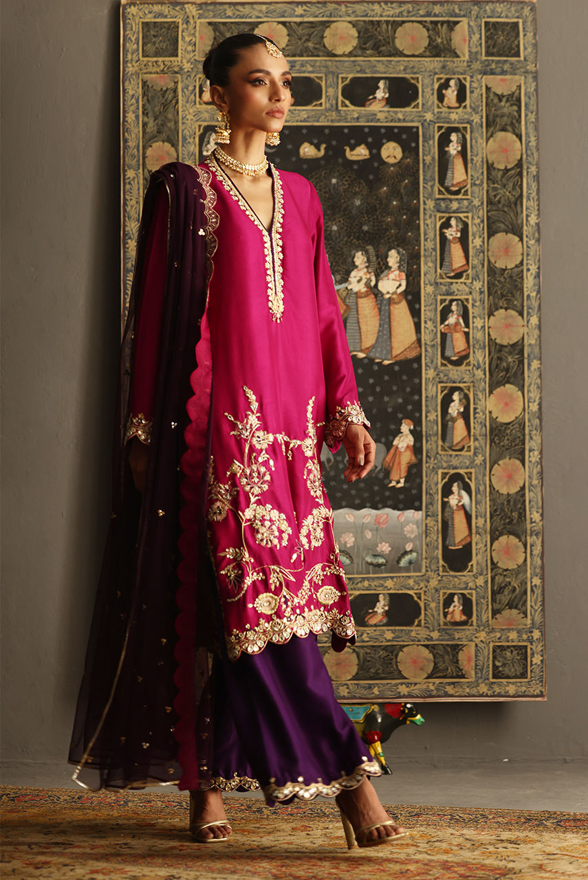 Pakistani Magenta & Purple Embroidered Raw Silk Salwar Kameez (3-Piece) - Image 5