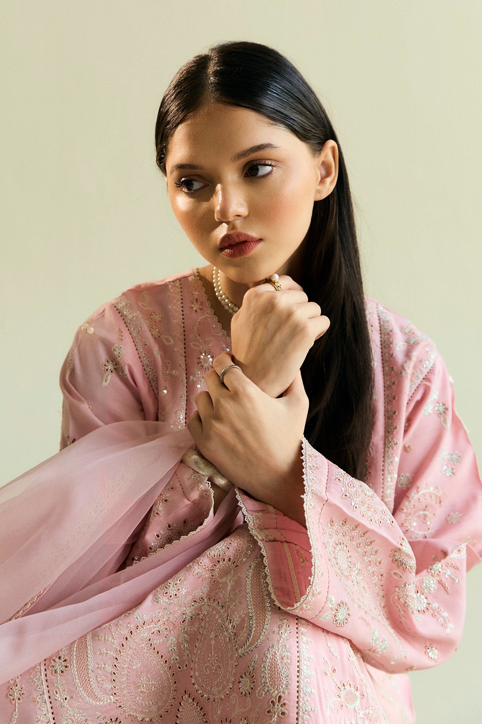 Pakistani Tea Pink Schiffli Embroidered Raw Silk 3-Piece Outfit - Image 1