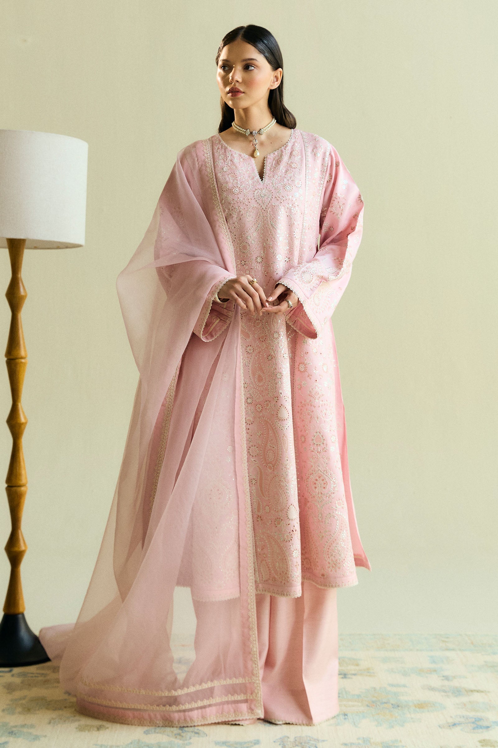 Pakistani Tea Pink Schiffli Embroidered Raw Silk 3-Piece Outfit - Image 2