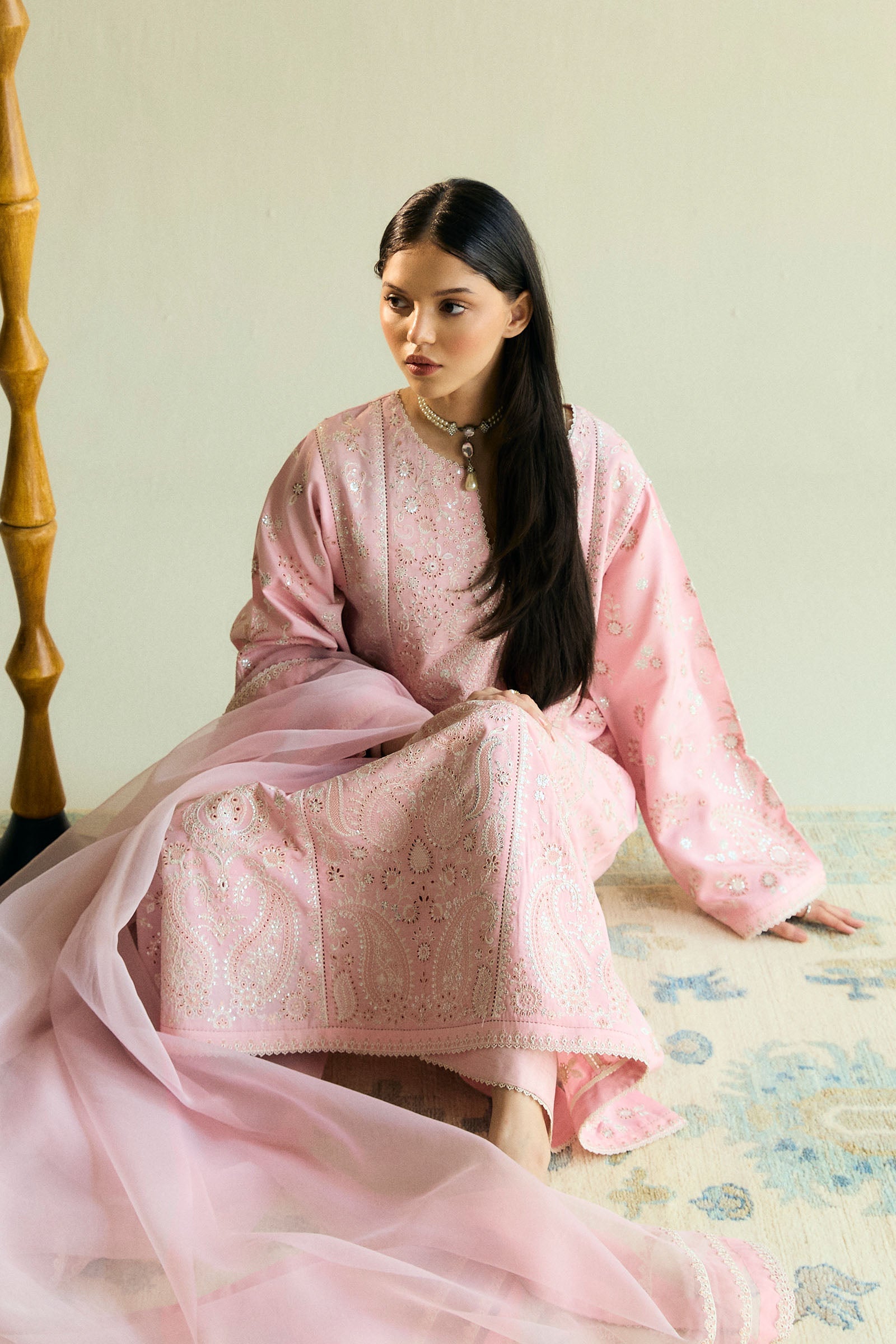 Pakistani Tea Pink Schiffli Embroidered Raw Silk 3-Piece Outfit - Image 3