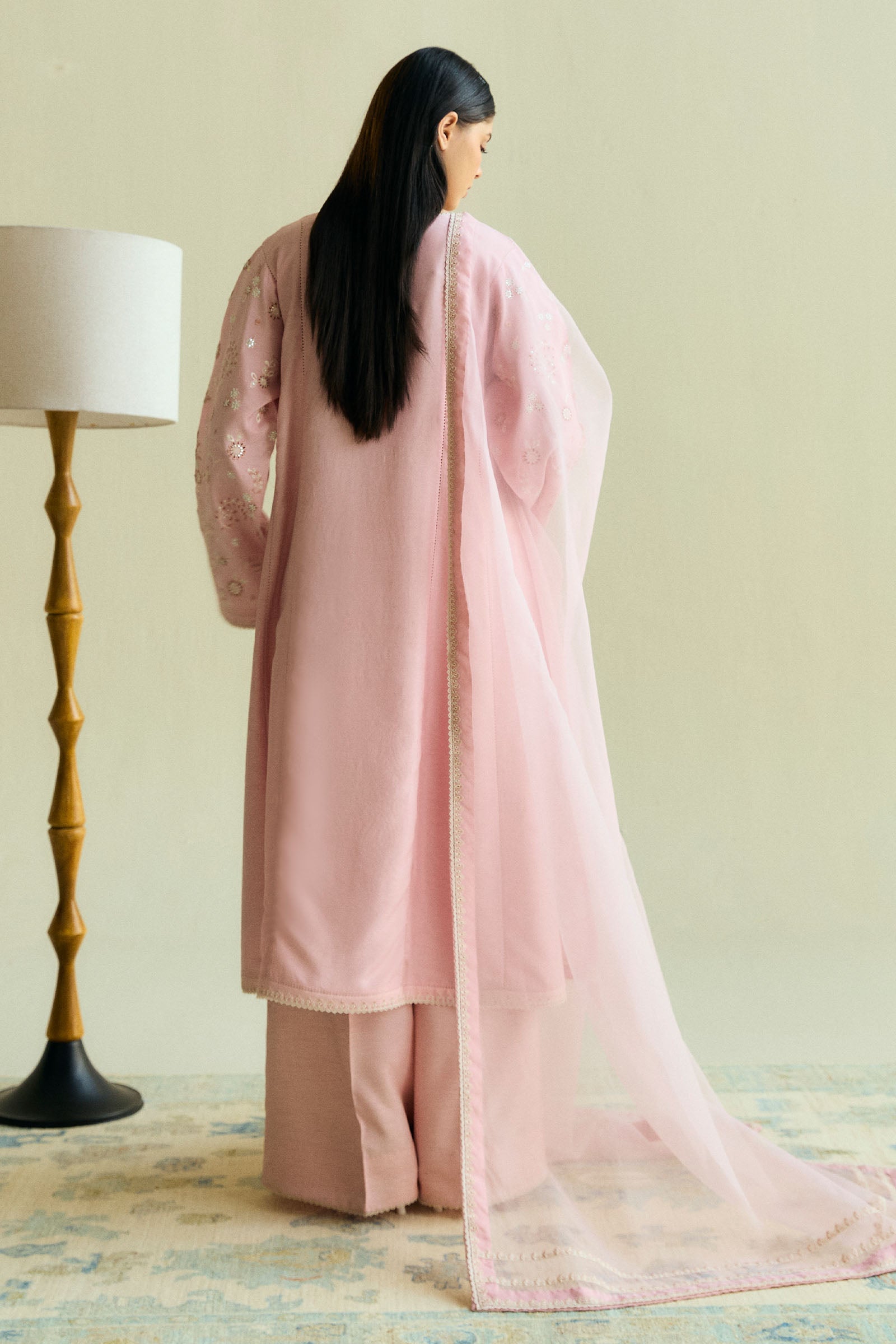 Pakistani Tea Pink Schiffli Embroidered Raw Silk 3-Piece Outfit - Image 4