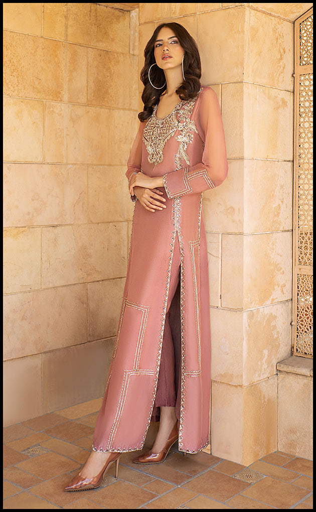 Pakistani Dusty Rose Embroidered Pure Raw Silk Salwar Kameez (2-Piece) - Image 3