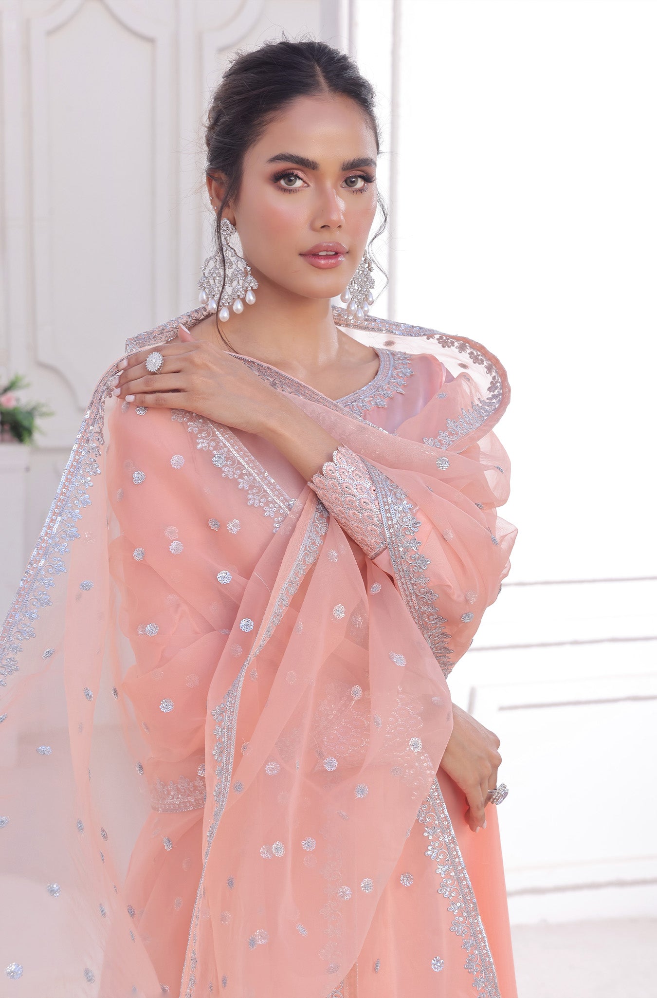 Pakistani Pastel Peachy Pink Embroidered Raw Silk Salwar Kameez (3-Piece) - Image 1