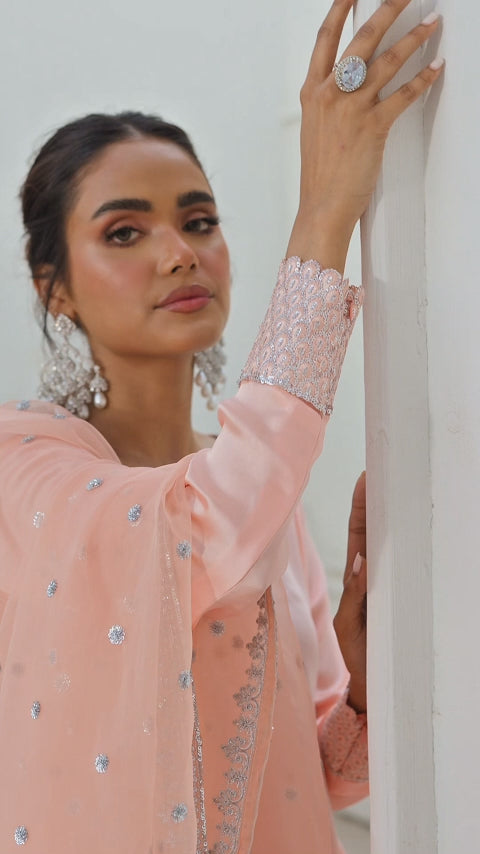 Pakistani Pastel Peachy Pink Embroidered Raw Silk Salwar Kameez (3-Piece) - Image 2