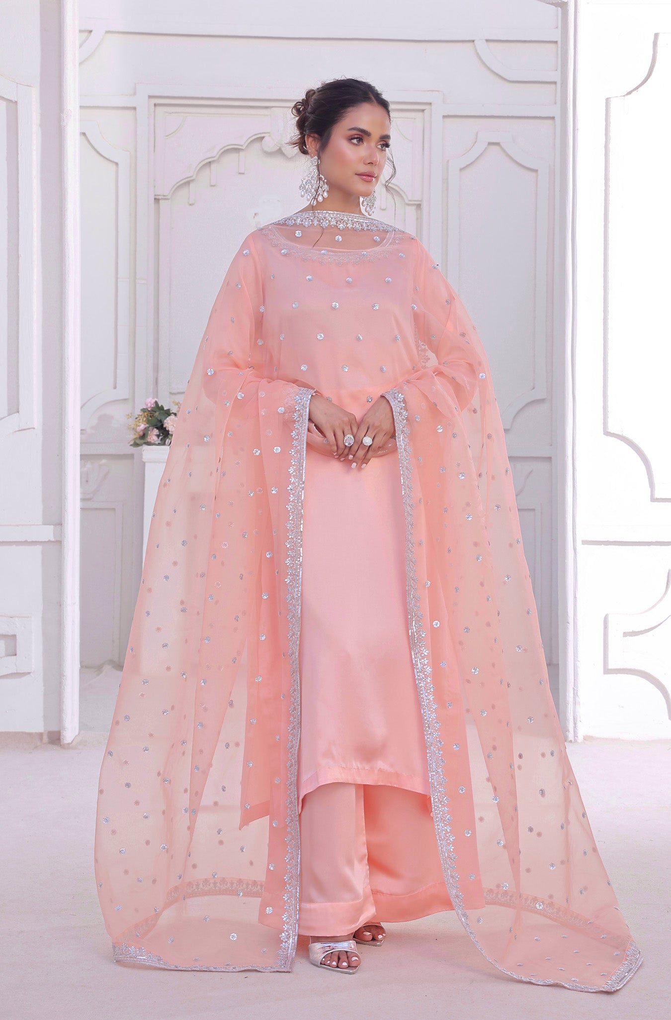 Pakistani Pastel Peachy Pink Embroidered Raw Silk Salwar Kameez (3-Piece) - Image 3