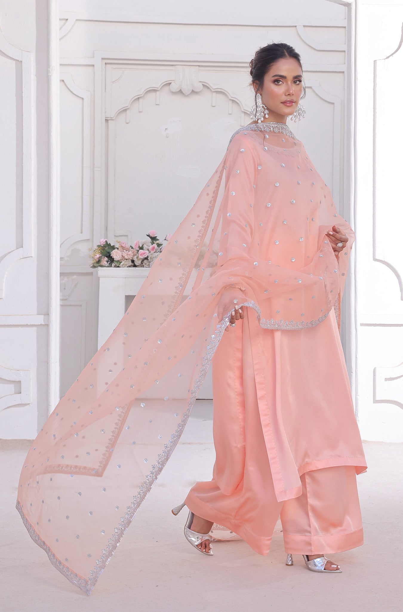Pakistani Pastel Peachy Pink Embroidered Raw Silk Salwar Kameez (3-Piece) - Image 4