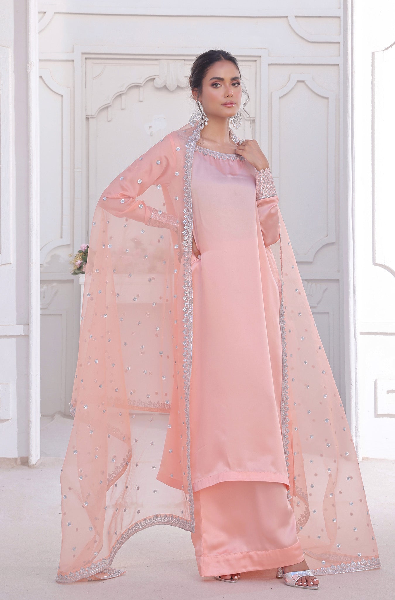 Pakistani Pastel Peachy Pink Embroidered Raw Silk Salwar Kameez (3-Piece) - Image 5
