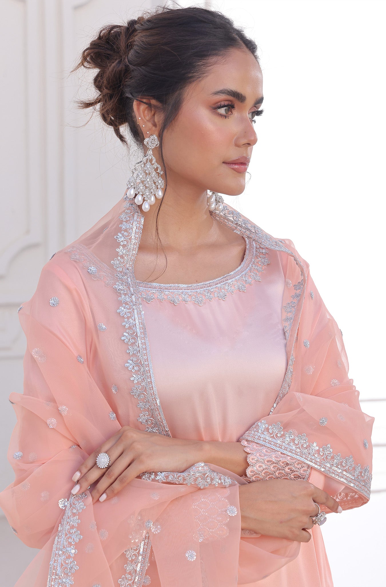 Pakistani Pastel Peachy Pink Embroidered Raw Silk Salwar Kameez (3-Piece) - Image 6