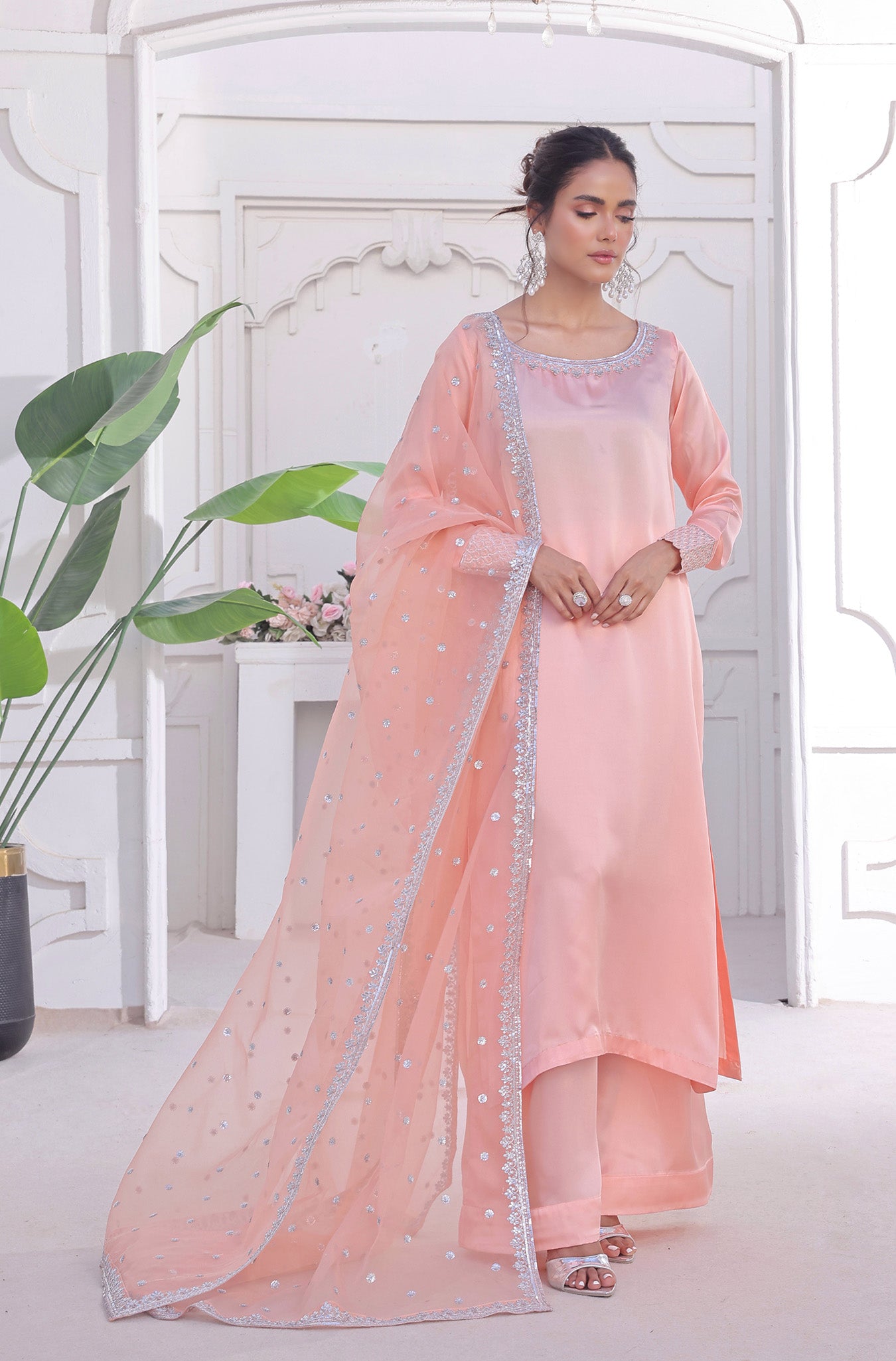 Pakistani Pastel Peachy Pink Embroidered Raw Silk Salwar Kameez (3-Piece) - Image 7