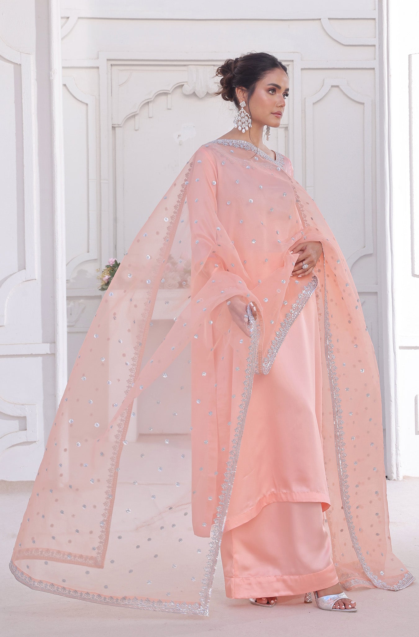 Pakistani Pastel Peachy Pink Embroidered Raw Silk Salwar Kameez (3-Piece) - Image 8