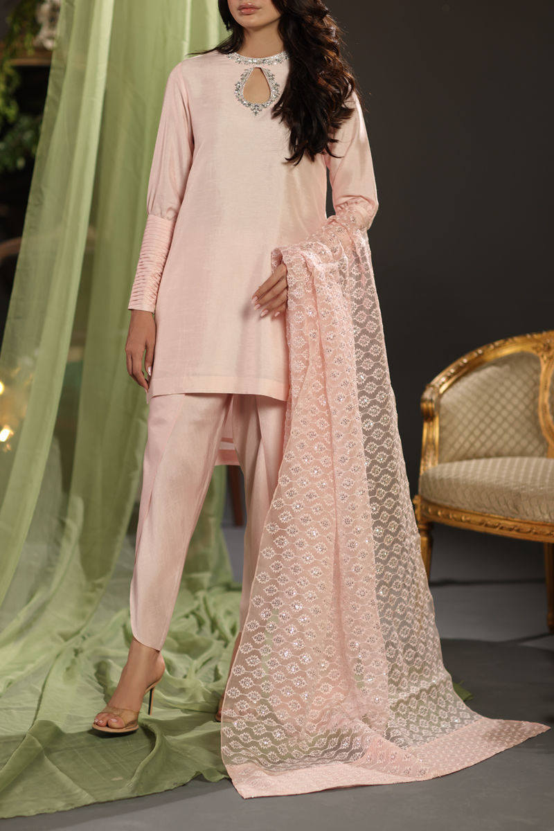 Blush Pink Embroidered Raw Silk Salwar Kameez (3-Piece) - Image 1