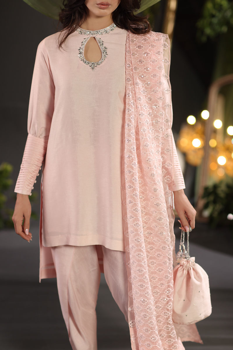 Blush Pink Embroidered Raw Silk Salwar Kameez (3-Piece) - Image 2