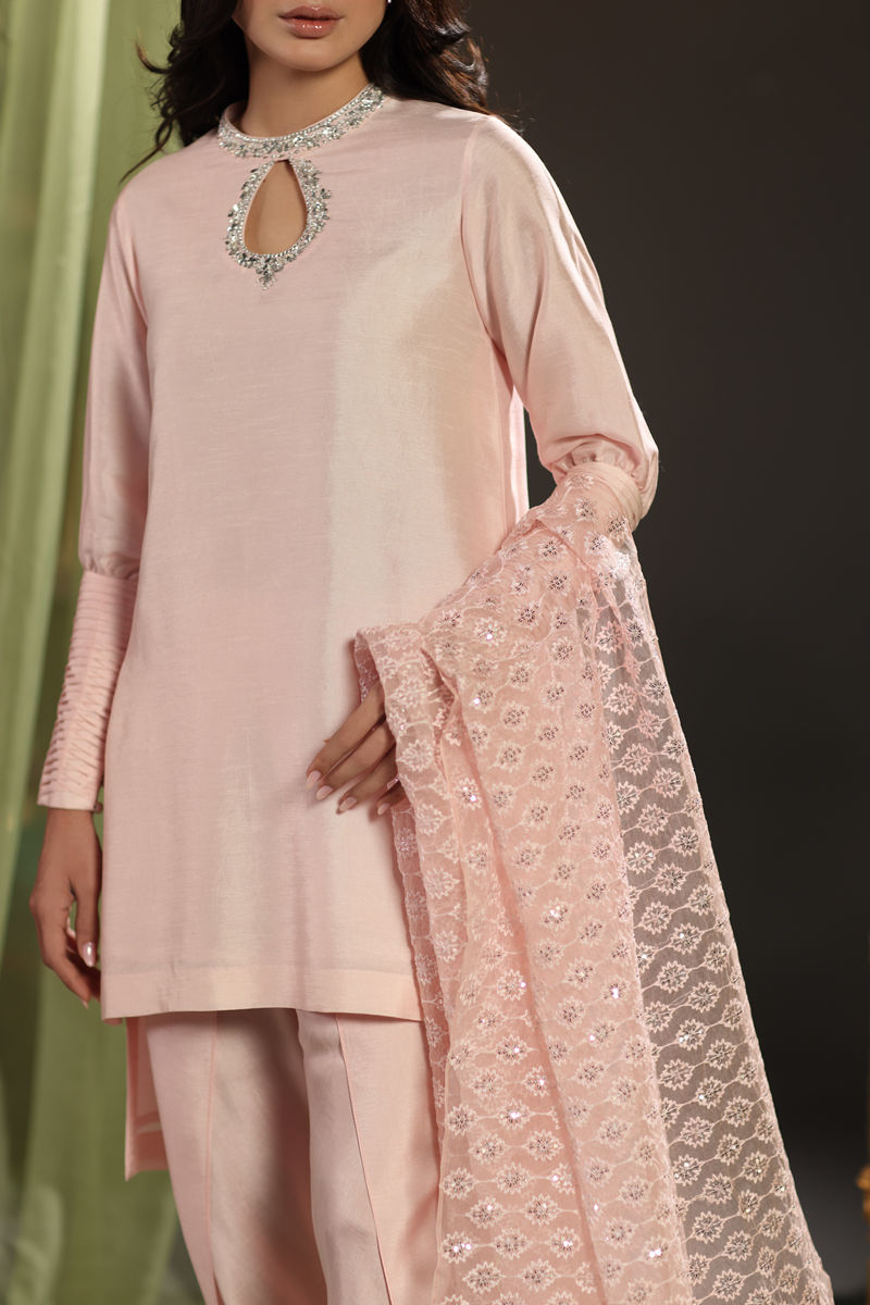 Blush Pink Embroidered Raw Silk Salwar Kameez (3-Piece) - Image 5