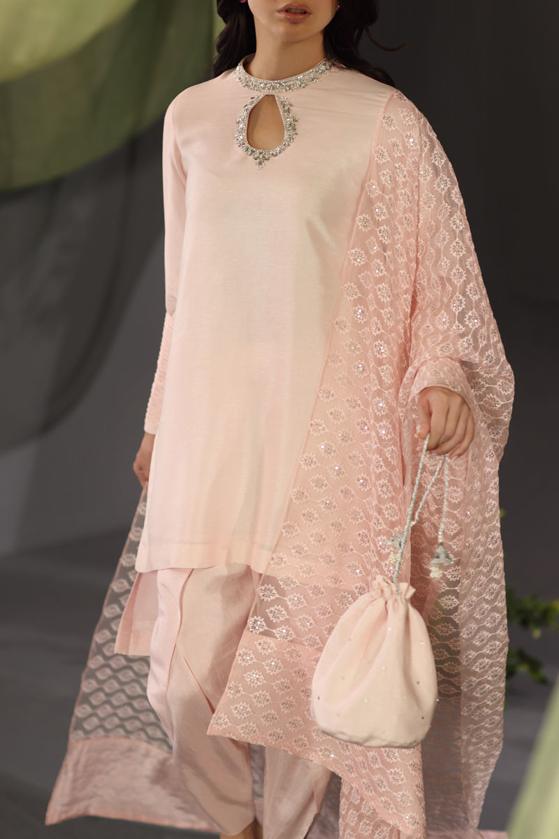 Blush Pink Embroidered Raw Silk Salwar Kameez (3-Piece) - Image 6