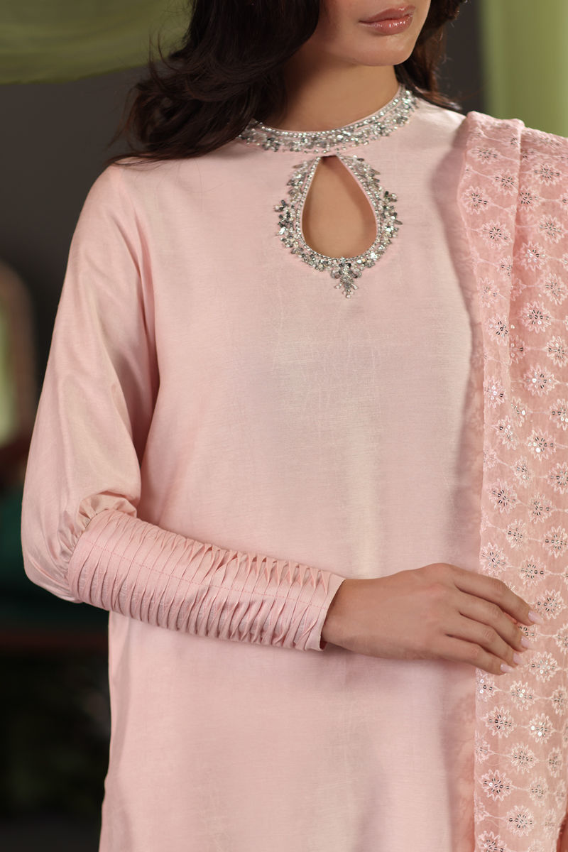 Blush Pink Embroidered Raw Silk Salwar Kameez (3-Piece) - Image 7