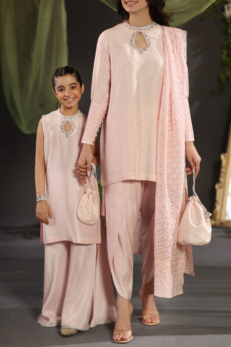 Blush Pink Embroidered Raw Silk Salwar Kameez (3-Piece) - Image 9