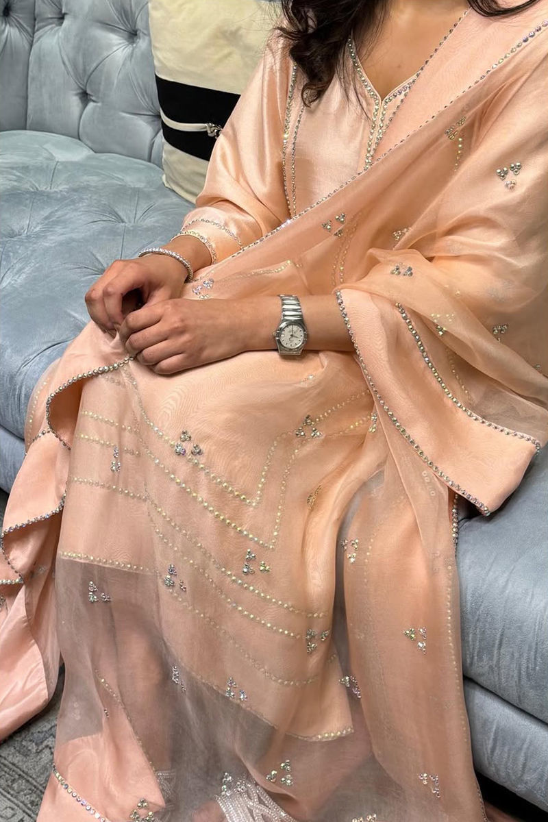 Peach Swarovski Embellished Korean Raw Silk Salwar Kameez (3-Piece) - Image 1