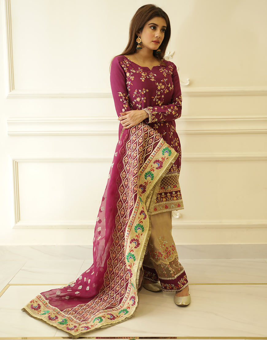 Magenta Embroidered Raw Silk Salwar Kameez (3-Piece) - Image 2