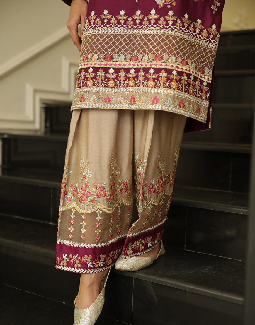 Magenta Embroidered Raw Silk Salwar Kameez (3-Piece) - Image 3