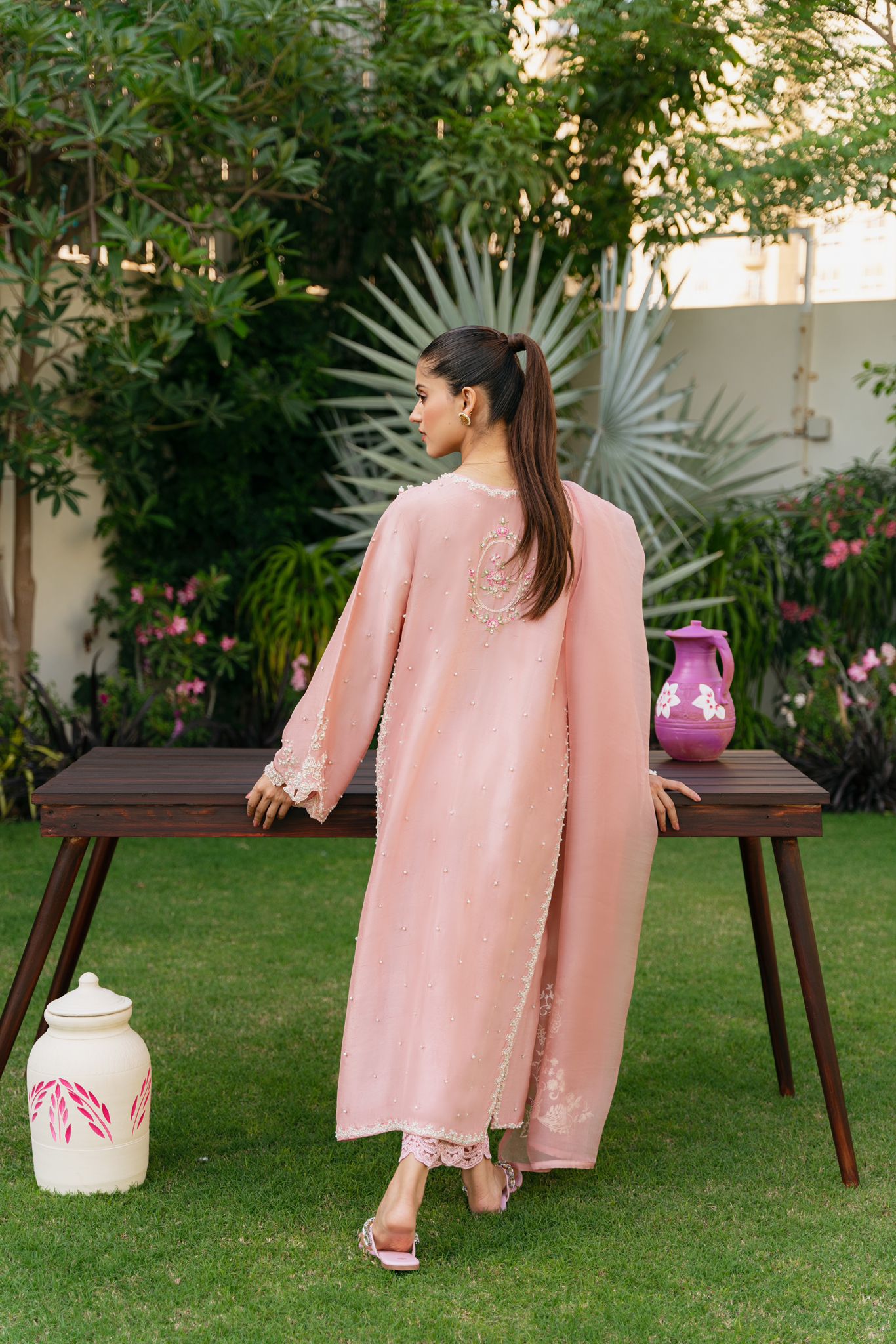 Pakistani Tea Pink Embroidered Pure Raw Silk Salwar Kameez (3-Piece) - Image 3