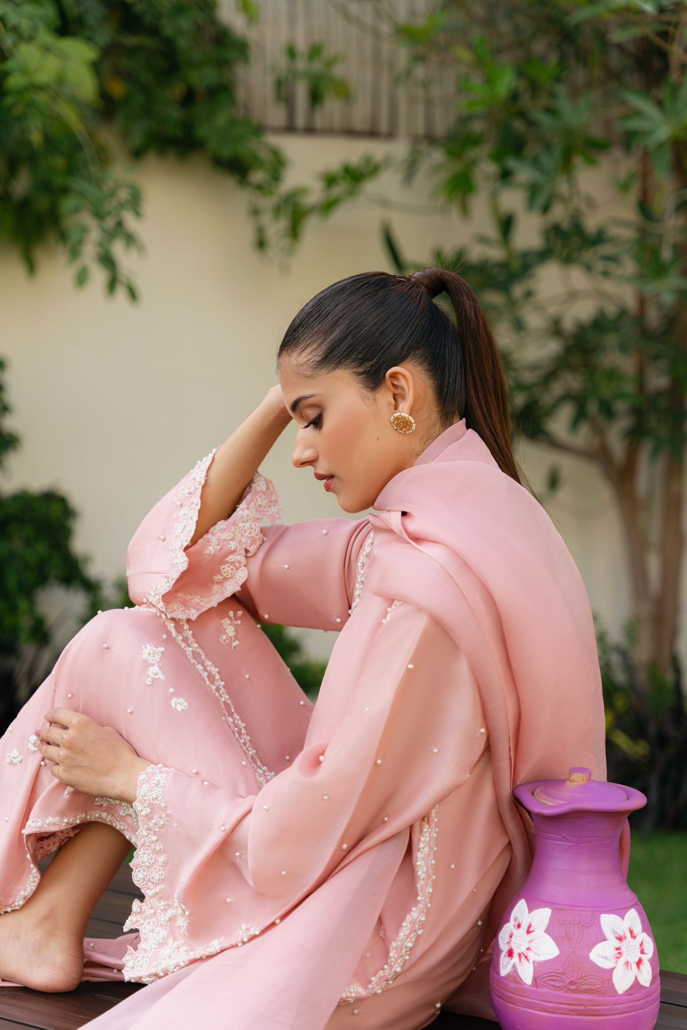 Pakistani Tea Pink Embroidered Pure Raw Silk Salwar Kameez (3-Piece) - Image 4